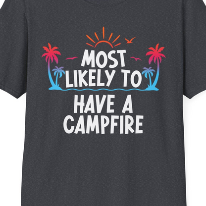 Most Likely to Have a Campfire Tropical Sunset Palm Trees Shirt — T-Shirt T-Shirt – Dark Heather Grey – Best Cruise Shirts Close Up