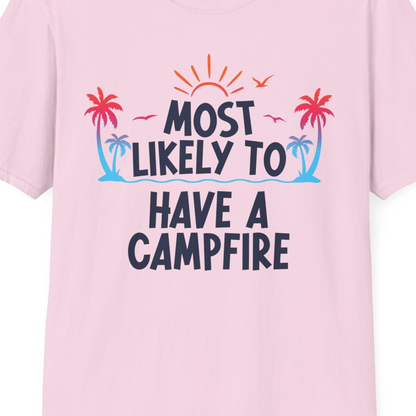 Most Likely to Have a Campfire Tropical Sunset Palm Trees Shirt — T-Shirt T-Shirt – Light Pink – Best Cruise Shirts Close Up