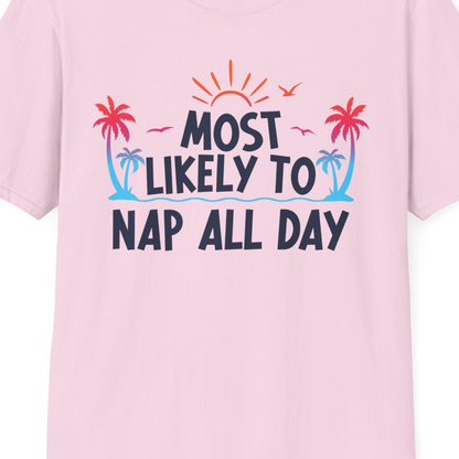 Most Likely To Nap All Day Tropical Sunset Palm Trees Shirt — T-Shirt T-Shirt – Light Pink – Best Cruise Shirts Close Up