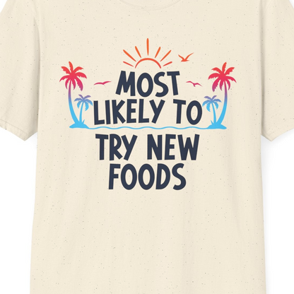 Most Likely To Try New Foods Tropical Palm Tree Sunset Shirt — T-Shirt T-Shirt – Natural – Best Cruise Shirts Close Up