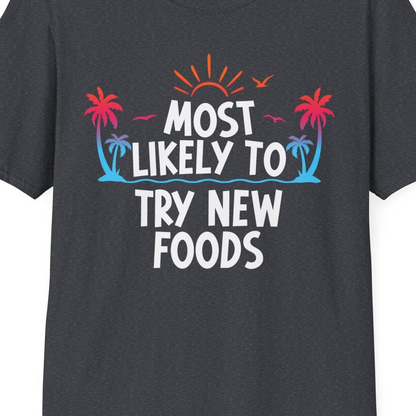 Most Likely To Try New Foods Tropical Palm Tree Sunset Shirt — T-Shirt T-Shirt – Dark Heather Grey – Best Cruise Shirts Close Up