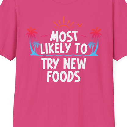 Most Likely To Try New Foods Tropical Palm Tree Sunset Shirt — T-Shirt T-Shirt – Heliconia – Best Cruise Shirts Close Up