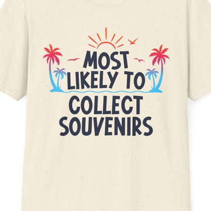 Most Likely To Collect Souvenirs Tropical Palm Tree Beach Shirt — T-Shirt T-Shirt – Natural – Best Cruise Shirts Close Up