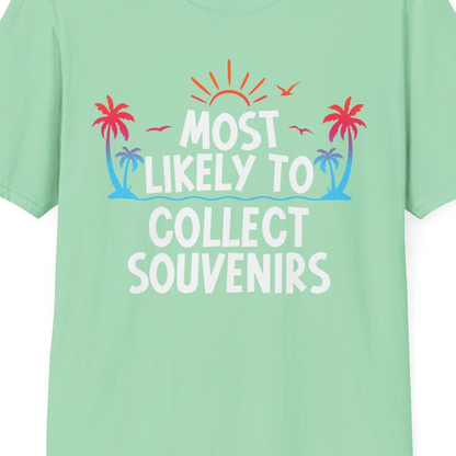 Most Likely To Collect Souvenirs Tropical Palm Tree Beach Shirt — T-Shirt T-Shirt – Mint Green – Best Cruise Shirts Close Up