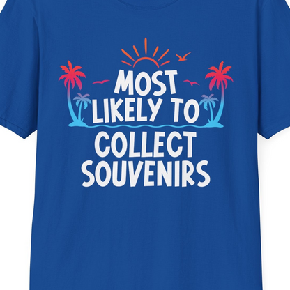 Most Likely To Collect Souvenirs Tropical Palm Tree Beach Shirt — T-Shirt T-Shirt – Royal – Best Cruise Shirts Close Up