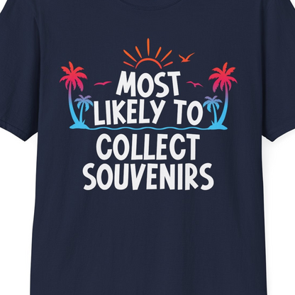 Most Likely To Collect Souvenirs Tropical Palm Tree Beach Shirt — T-Shirt T-Shirt – Navy – Best Cruise Shirts Close Up
