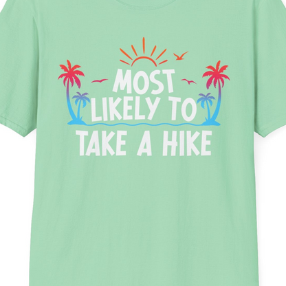 Most Likely To Take A Hike Tropical Palm Trees Sunrise Hiking Shirt — T-Shirt T-Shirt – Mint Green – Best Cruise Shirts Close Up