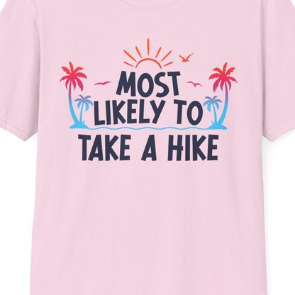 Most Likely To Take A Hike Tropical Palm Trees Sunrise Hiking Shirt — T-Shirt T-Shirt – Light Pink – Best Cruise Shirts Close Up