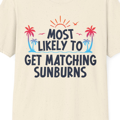Most Likely To Get Matching Sunburns Tropical Palm Tree Shirt — T-Shirt T-Shirt – Natural – Best Cruise Shirts Close Up