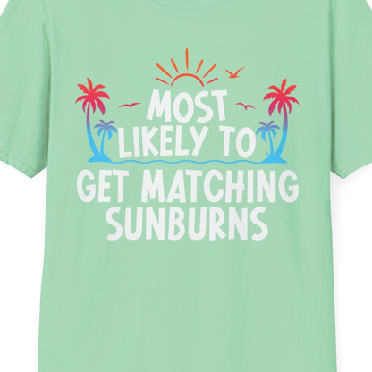 Most Likely To Get Matching Sunburns Tropical Palm Tree Shirt — T-Shirt T-Shirt – Mint Green – Best Cruise Shirts Close Up