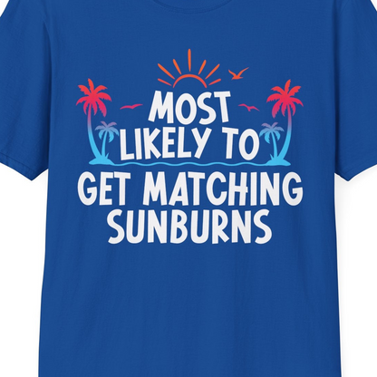Most Likely To Get Matching Sunburns Tropical Palm Tree Shirt — T-Shirt T-Shirt – Royal – Best Cruise Shirts Close Up