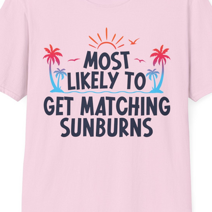 Most Likely To Get Matching Sunburns Tropical Palm Tree Shirt — T-Shirt T-Shirt – Light Pink – Best Cruise Shirts Close Up