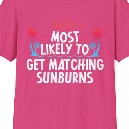 Most Likely To Get Matching Sunburns Tropical Palm Tree Shirt — T-Shirt T-Shirt – Heliconia – Best Cruise Shirts Close Up