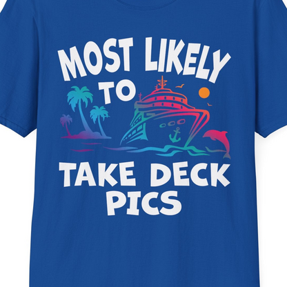 Most Likely To Take Deck Pics Cruise Shirt Tropical Sunset Humor — T-Shirt T-Shirt – Royal – Best Cruise Shirts Close Up