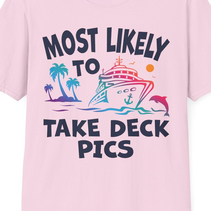 Most Likely To Take Deck Pics Cruise Shirt Tropical Sunset Humor — T-Shirt T-Shirt – Light Pink – Best Cruise Shirts Close Up