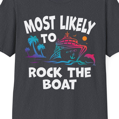 Most Likely to Rock the Boat Cruise Shirt Tropical Sunset Graphic — T-Shirt T-Shirt – Dark Heather Grey – Best Cruise Shirts Close Up