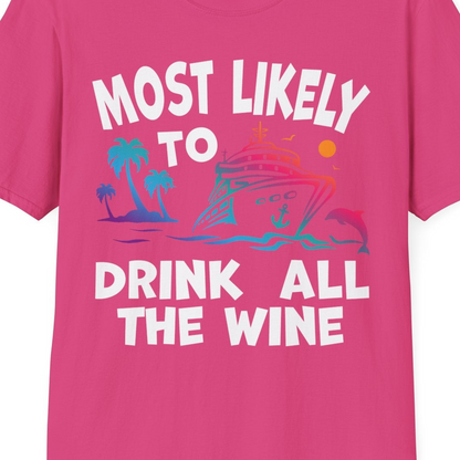 Most Likely To Drink All The Wine Cruise Shirt Bold Tropical — T-Shirt T-Shirt – Heliconia – Best Cruise Shirts Close Up
