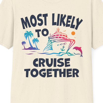 Most Likely To Cruise Together Tropical Sunset Dolphin Shirt — T-Shirt T-Shirt – Natural – Best Cruise Shirts Close Up