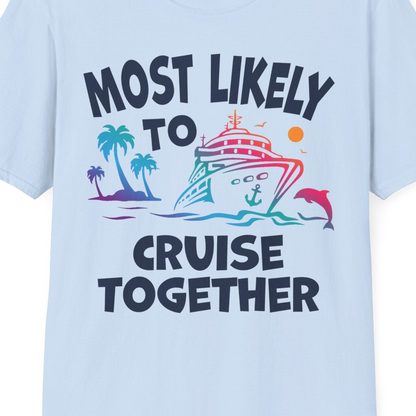 Most Likely To Cruise Together Tropical Sunset Dolphin Shirt — T-Shirt T-Shirt – Light Blue – Best Cruise Shirts Close Up