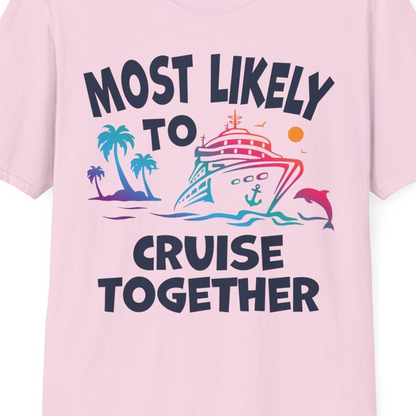 Most Likely To Cruise Together Tropical Sunset Dolphin Shirt — T-Shirt T-Shirt – Light Pink – Best Cruise Shirts Close Up