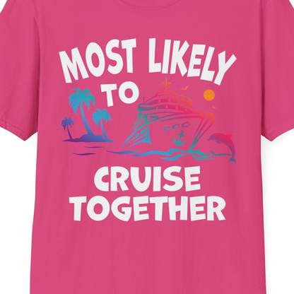 Most Likely To Cruise Together Tropical Sunset Dolphin Shirt — T-Shirt T-Shirt – Heliconia – Best Cruise Shirts Close Up