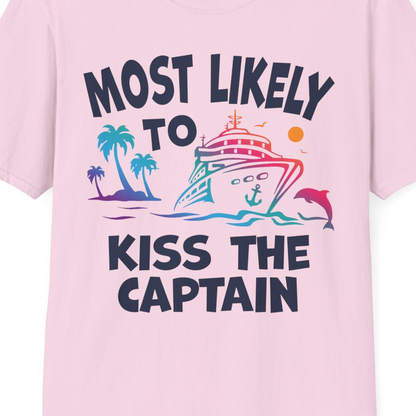 Most Likely To Kiss The Captain Funny Tropical Cruise Shirt — T-Shirt T-Shirt – Light Pink – Best Cruise Shirts Close Up