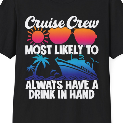 Cruise Crew Funny Drinking Tropical Sunset Ombre Party Shirt — T-Shirt T-Shirt – Black – Best Cruise Shirts Close Up