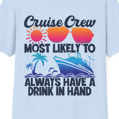 Cruise Crew Funny Drinking Tropical Sunset Ombre Party Shirt — T-Shirt T-Shirt – Light Blue – Best Cruise Shirts Close Up