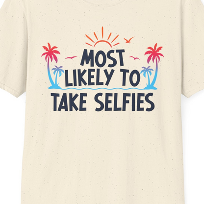 Most Likely to Take Selfies Tropical Sunset Palm Trees Shirt — T-Shirt T-Shirt – Unknown – Best Cruise Shirts Close Up