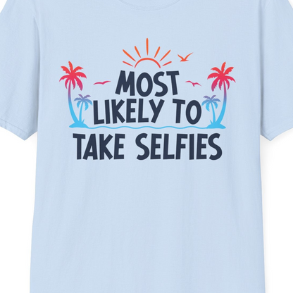 Most Likely to Take Selfies Tropical Sunset Palm Trees Shirt — T-Shirt T-Shirt – Unknown – Best Cruise Shirts Close Up