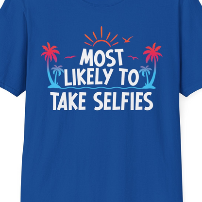 Most Likely to Take Selfies Tropical Sunset Palm Trees Shirt — T-Shirt T-Shirt – Unknown – Best Cruise Shirts Close Up