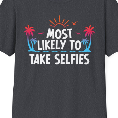 Most Likely to Take Selfies Tropical Sunset Palm Trees Shirt — T-Shirt T-Shirt – Unknown – Best Cruise Shirts Close Up