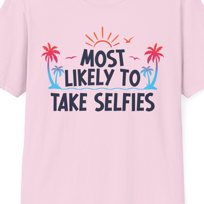 Most Likely to Take Selfies Tropical Sunset Palm Trees Shirt — T-Shirt T-Shirt – Unknown – Best Cruise Shirts Close Up