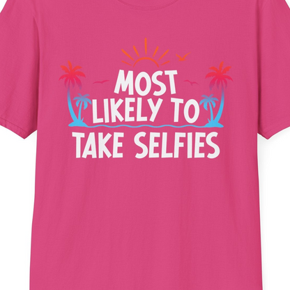 Most Likely to Take Selfies Tropical Sunset Palm Trees Shirt — T-Shirt T-Shirt – Unknown – Best Cruise Shirts Close Up